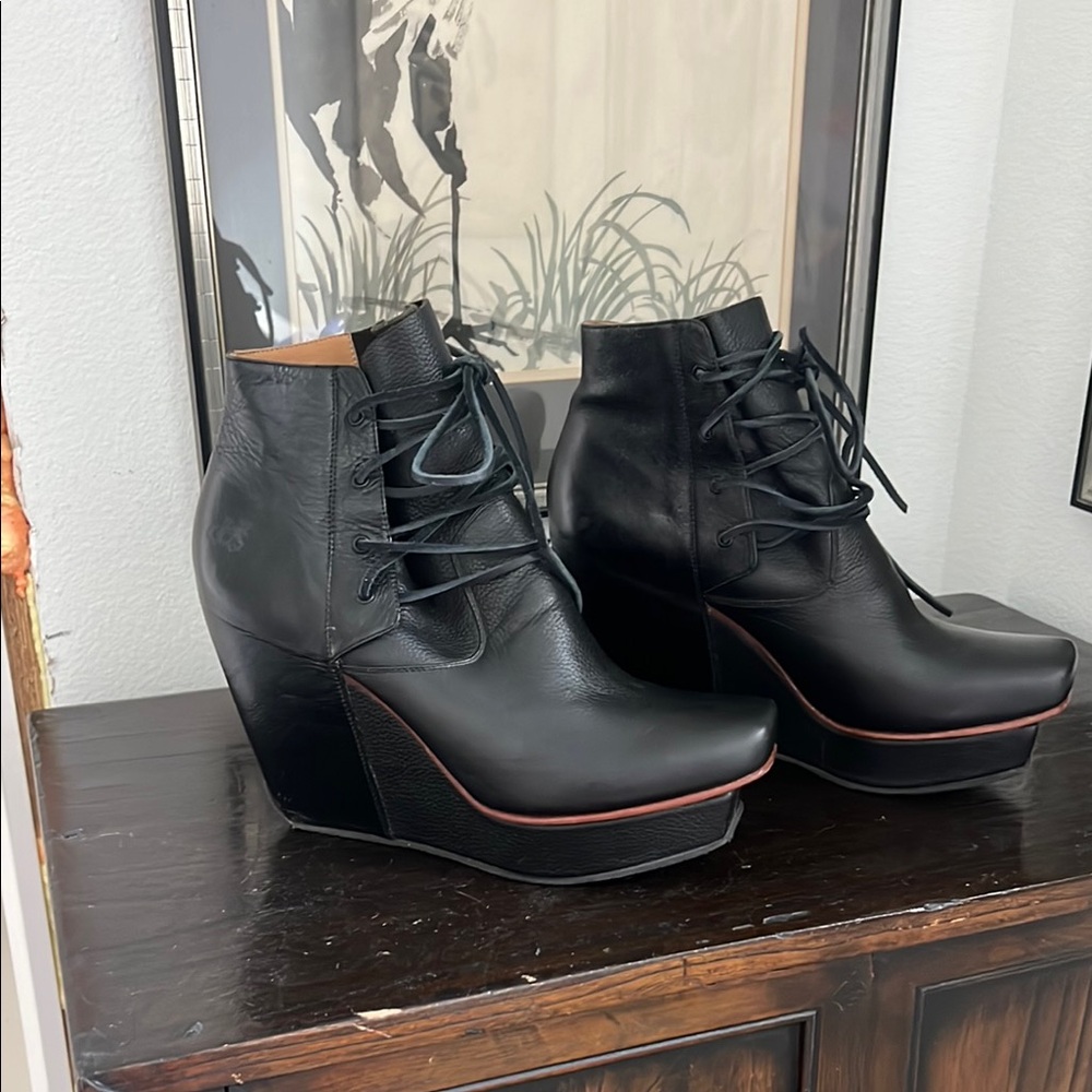 John Fluevog Black Wedge Platform Shoes